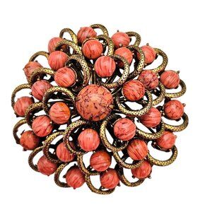Domed Brooch Salmon Pinkish Opaque Flawed Cabochon Layered Cluster Pin C708